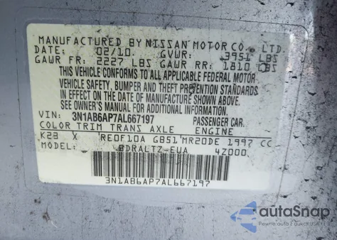 2010 Nissan Sentra 2.0S z USA, uszkodzony, nr VIN 3N1AB6AP7AL667197